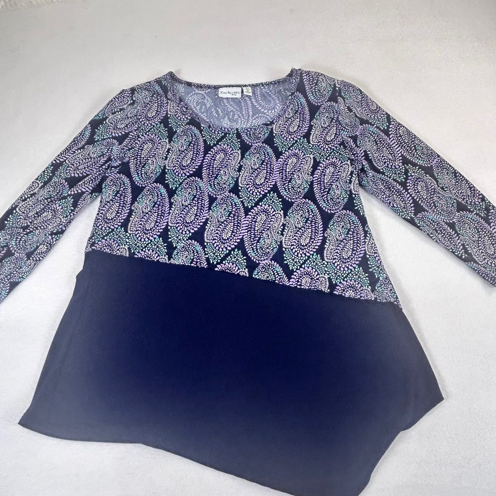 Kim Rogers Petite Womens Navy Purple Paisley Asymmetrical Sharkbite Tunic Top PS